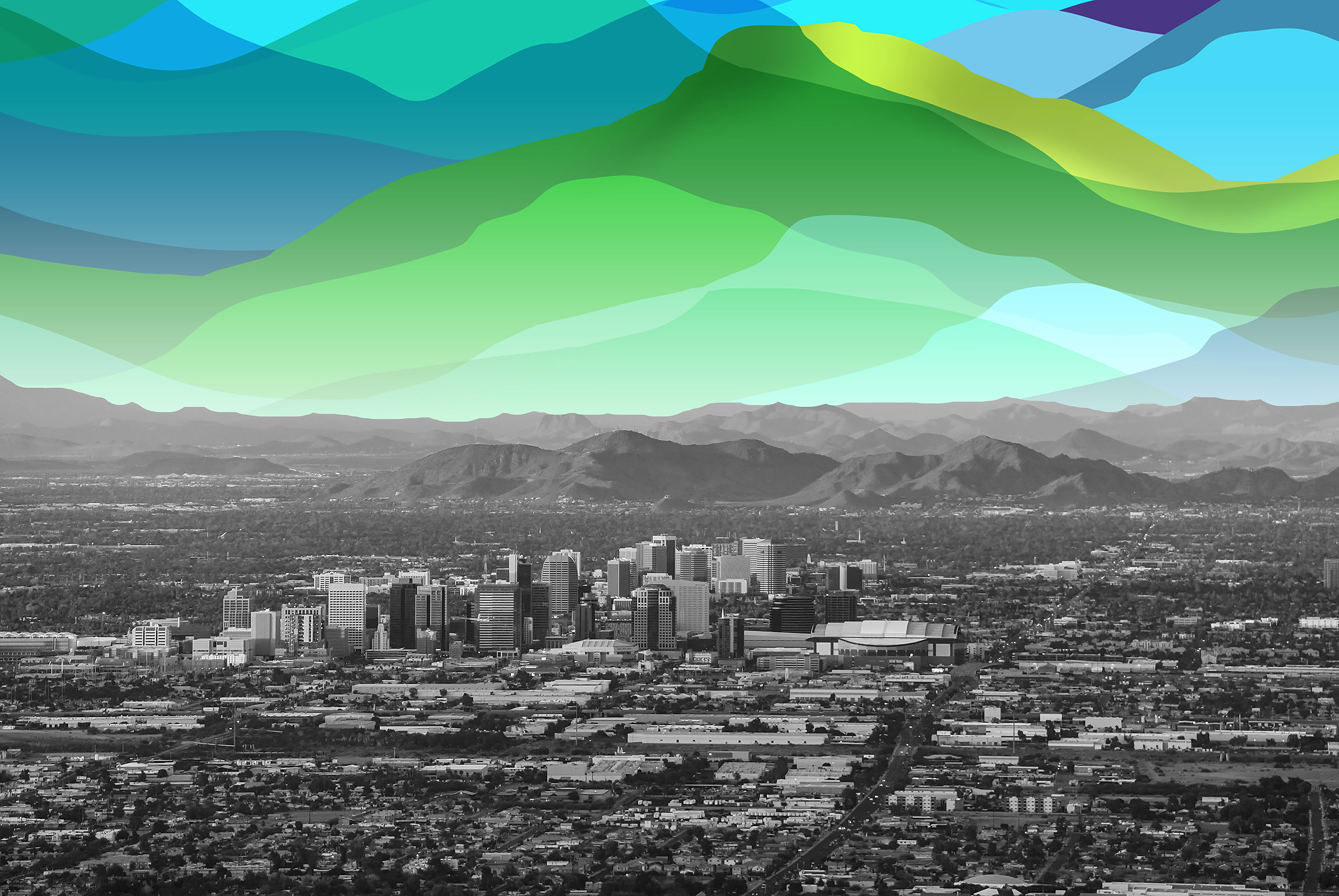 Phoenix skyline and mountains with speech bubbles for community quotes